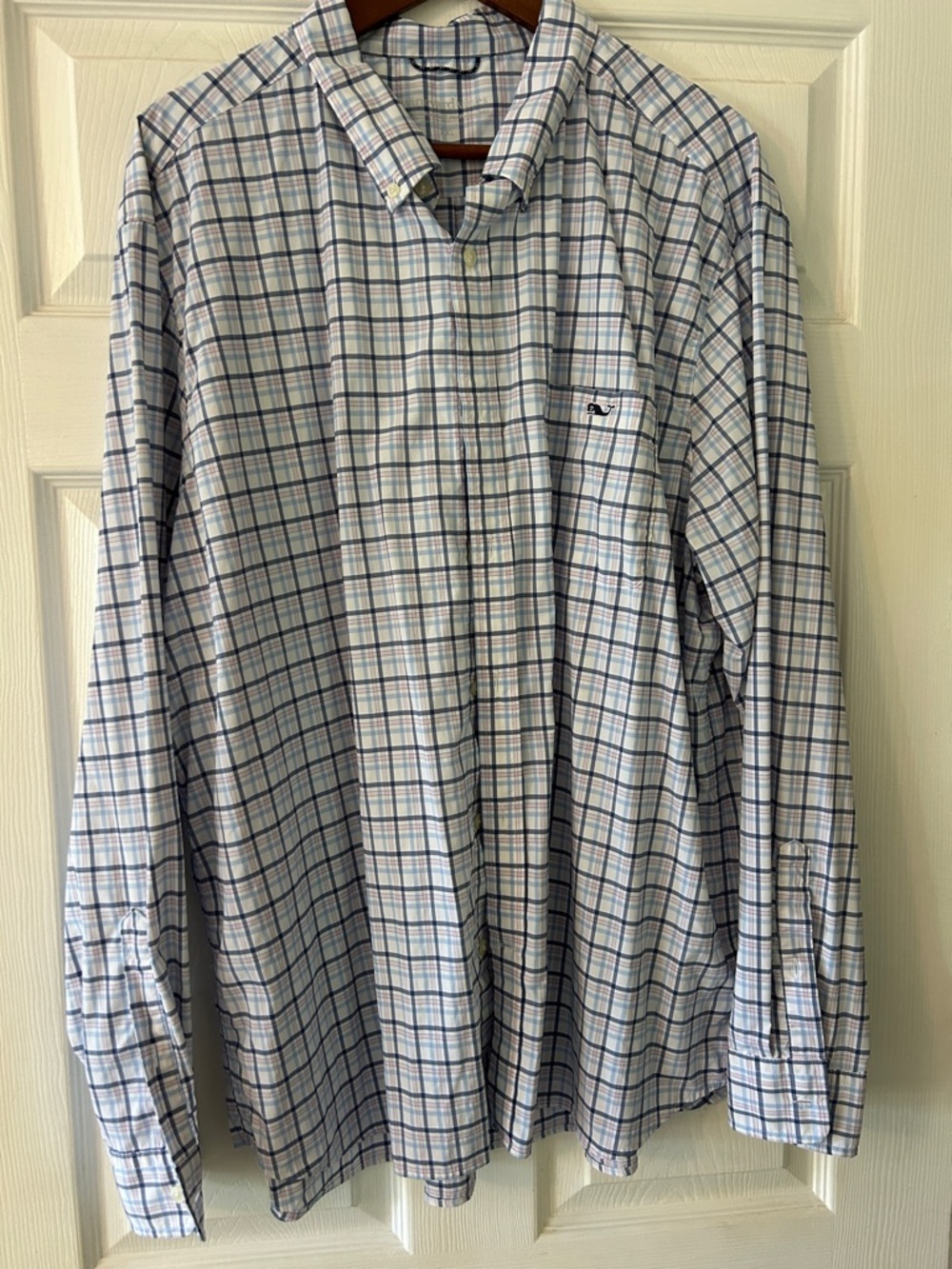 Vineyard Vines White Button-Down Plaid Shirt with Blue & Green Lines